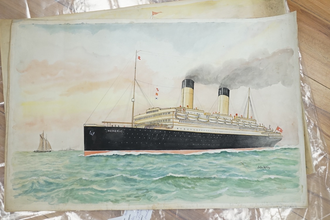 John Harold Fry (British, 1881-1941), set of eight original watercolours for postcard designs, ocean liners to include SS Resolute Hamburg American Line, SS Bremen Norddeutscher Lloyd Line and SS Atlantis Royal Mail Line